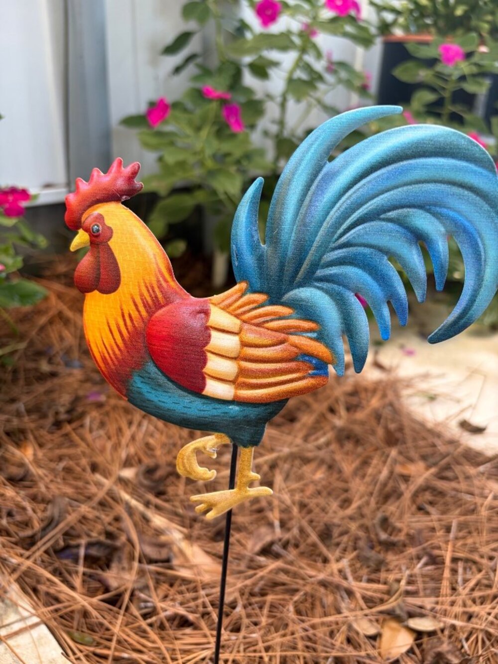 18" Long Colorful Big Daddy Rooster Garden Stake Decor S11a